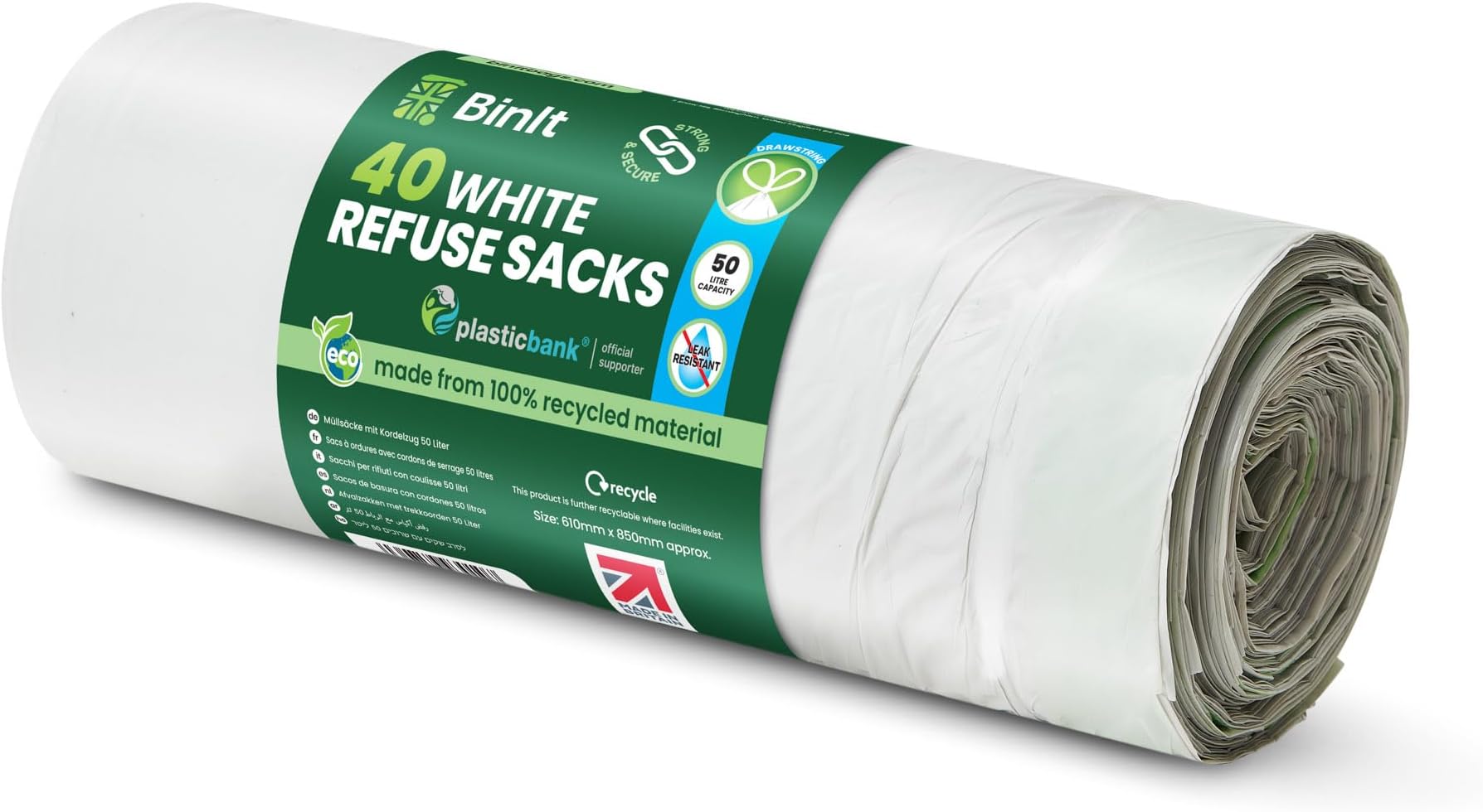 40 White Drawstring 50L Strong & Secure, Refuse Sacks, Bin Bags, Bin Liners, Recycled, Tear Resistant, 30 μm, Perfect for Everyday Use, Household, Office, Kitchen & Caterers