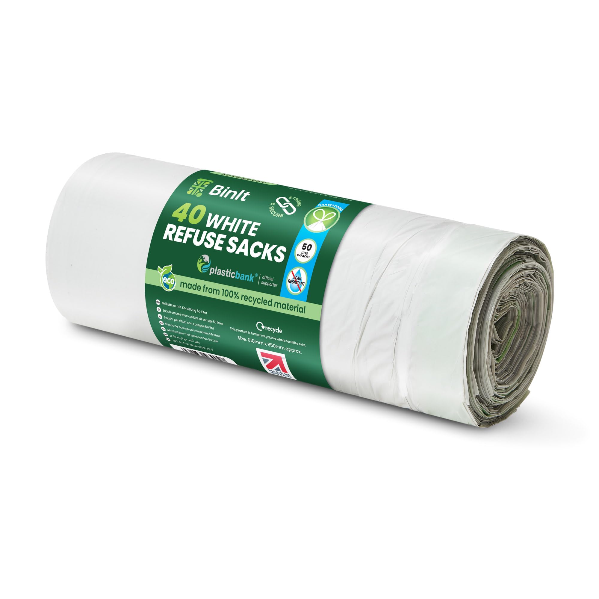 BIN IT 40 White Drawstring 50L Strong & Secure, Refuse Sacks, Bin Bags, Bin Liners, Recycled, Tear Resistant, 30 μm, Perfect for Everyday Use, Household, Office, Kitchen & Caterers