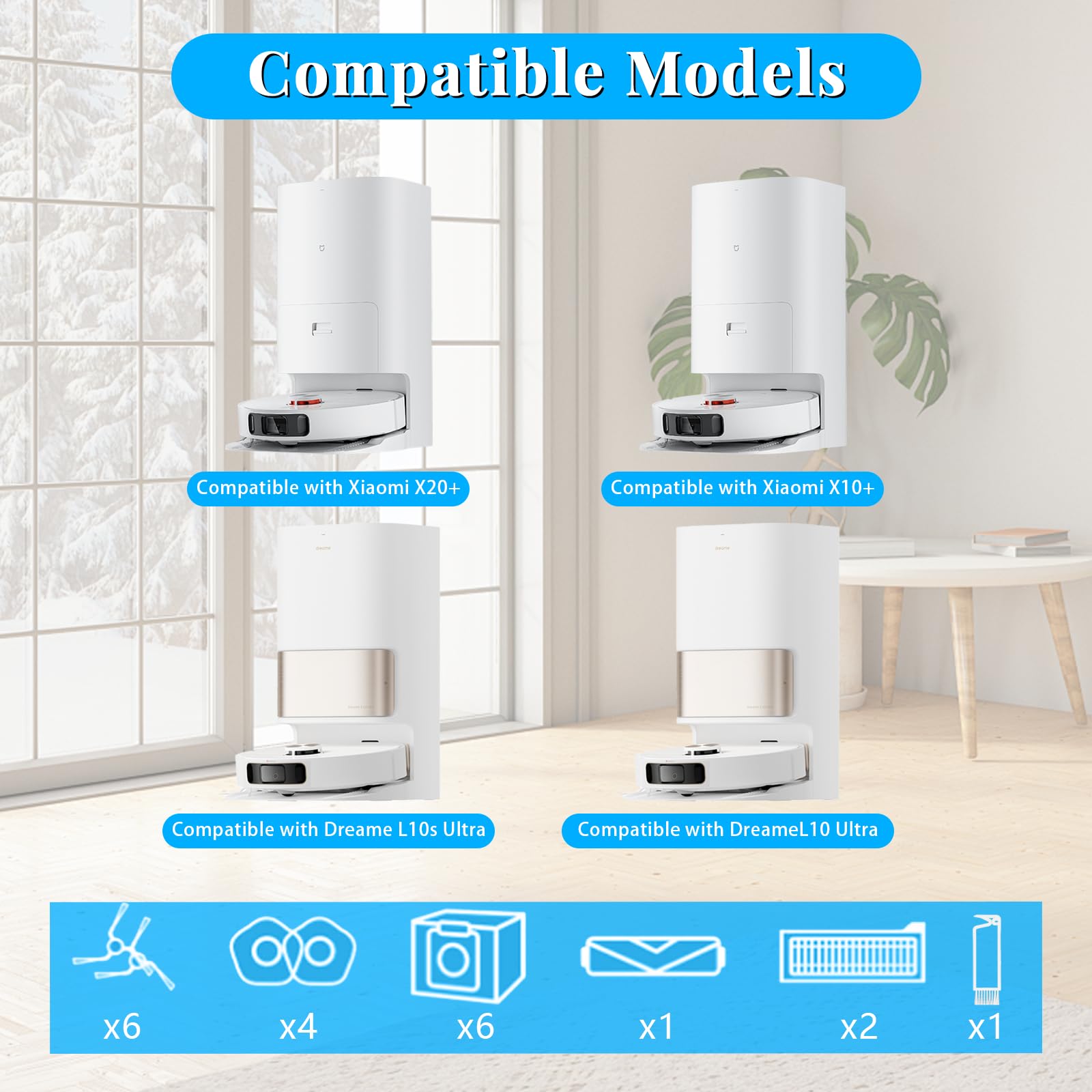 Kit di accessori Compatibile con Xiaomi x20+/x10+ Aspirapolvere, Accessori di Ricambi Compatibile Dreame L10s Ultra/L10 Ultra/L10 Prime/L10s Pro Gen 2, Spazzola Principale Spazzole Laterali Filtro Mop