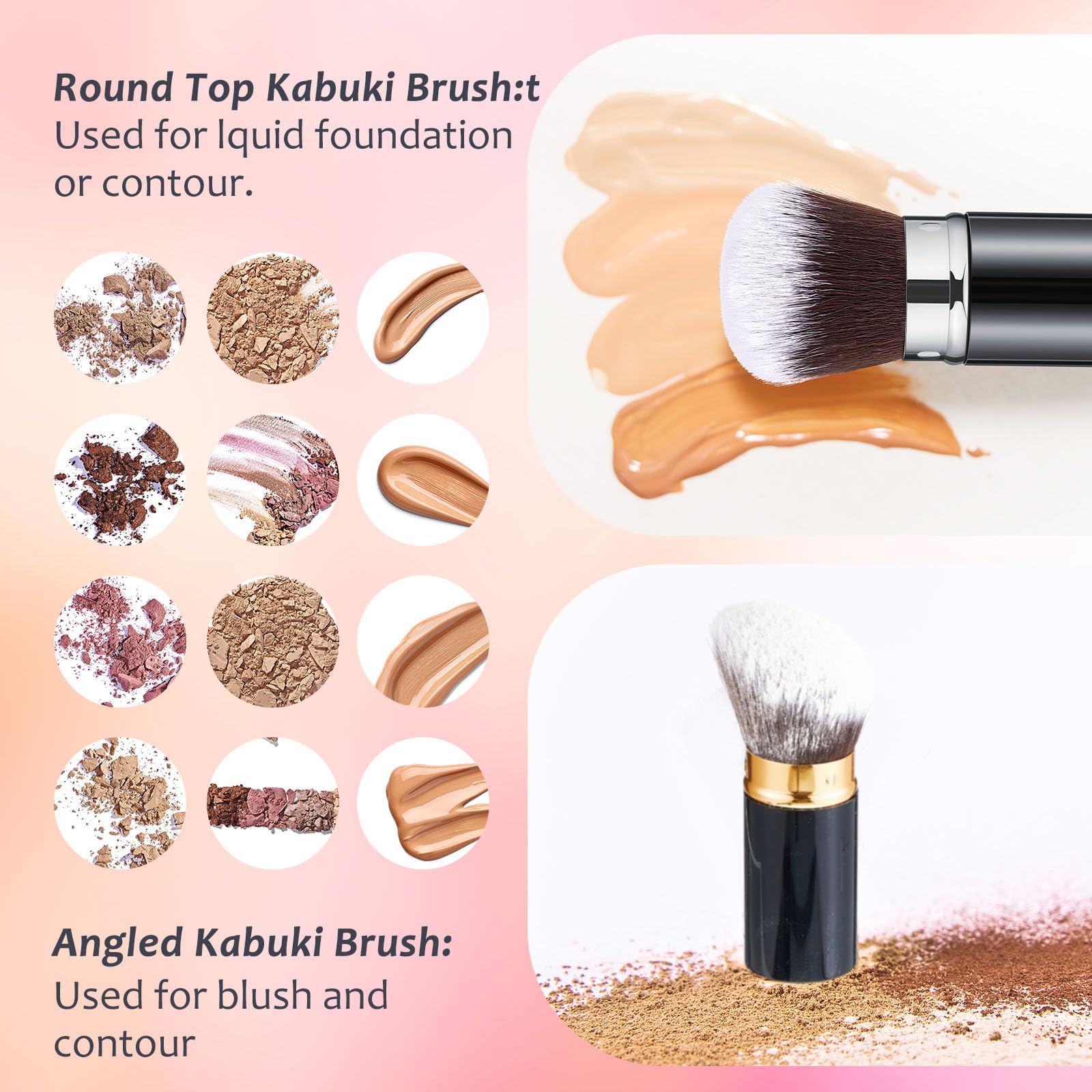 2 brochas retráctiles Kabuki para base de maquillaje, brochas de maquillaje portátiles para viajes, bronceador, rubor, con cubierta para rubor, bronceador, crema en polvo suelto (negro, plateado,