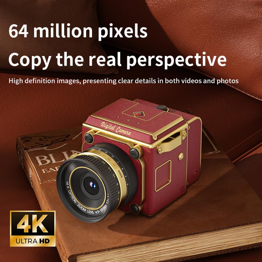 Fotocamera digitale vintage retrò 64 MP 4K FHD Videocamera, mini fotocamera per tutte le età, alloggiamento Abs, compatibile con scheda SD, per vlogging e fotografia quotidiana, compatta e leggera
