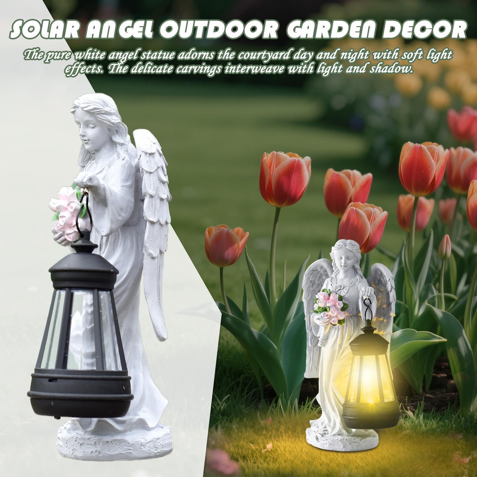 Genérico Solar Garden Angel, Resin Memorial Figurka, Outdoor Yard Ornament, 9 x 5,5 x 2,7 Light-Up Decorative Statue with Flower Accent, Idealny na patio, ganek, cmentarz i spacer
