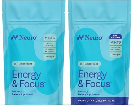 Neuro Energy & Focus Mint Set Original 90ct + Extra Strength 90ct, Peppermint Flavor Sugar-Free Nootropic Supplement with Natural Caffeine, L-Theanine, B12 & B6