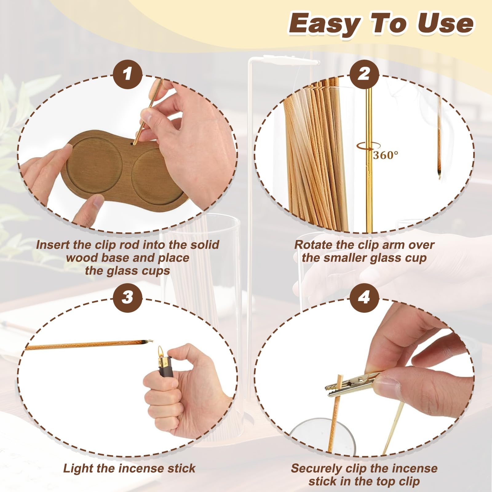 2 in 1 Porta Incenso con Base Legno, Contenitore Cenere Vetro Rimovibile, Organizer Raccogli Cenere, Portaincenso Capovolto Bastoncini per Meditazione, Yoga, Spa, Decorazione Casa (Marrone)