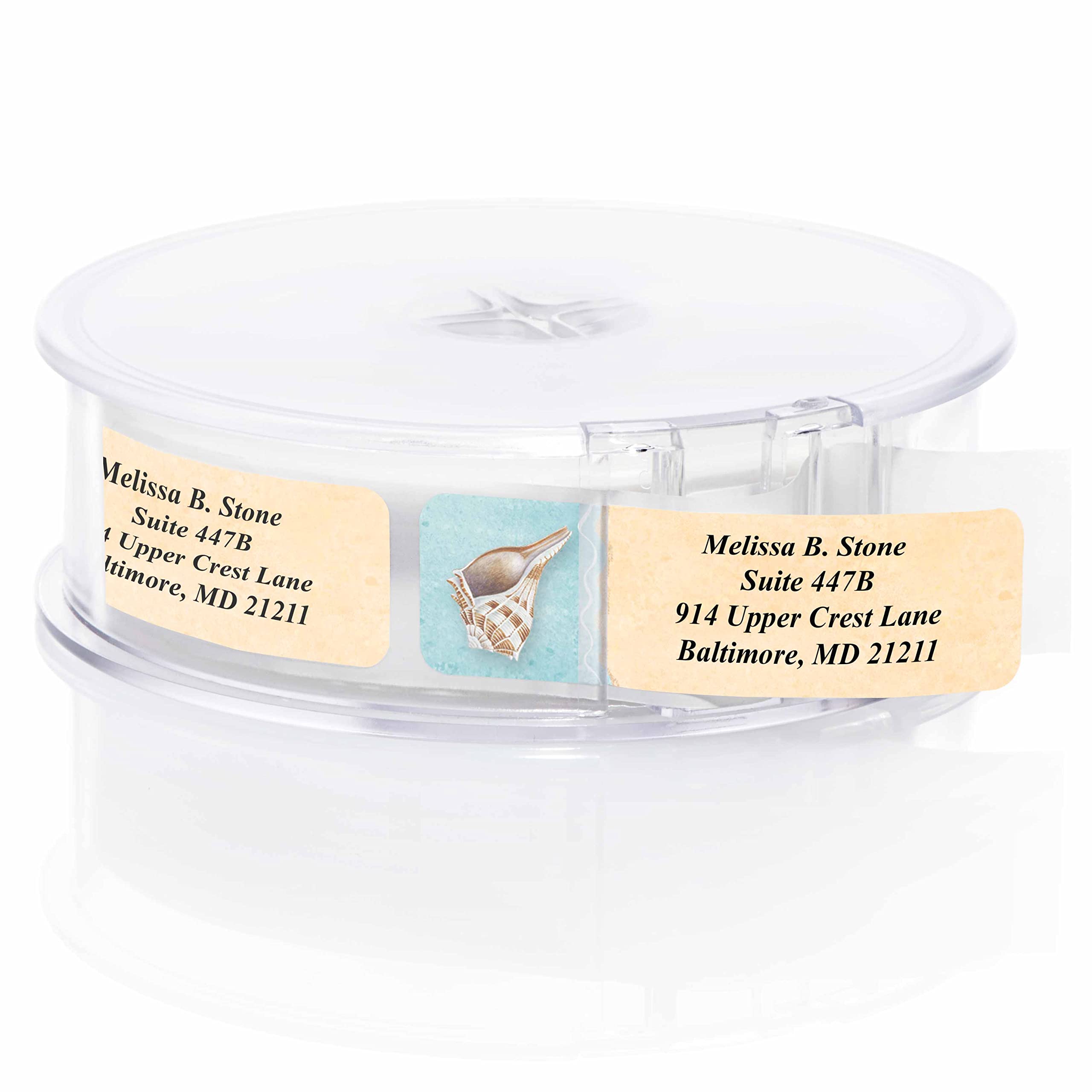 Seashells Assorted Designer Rolled Address Labels with Elegant Plastic Dispenser