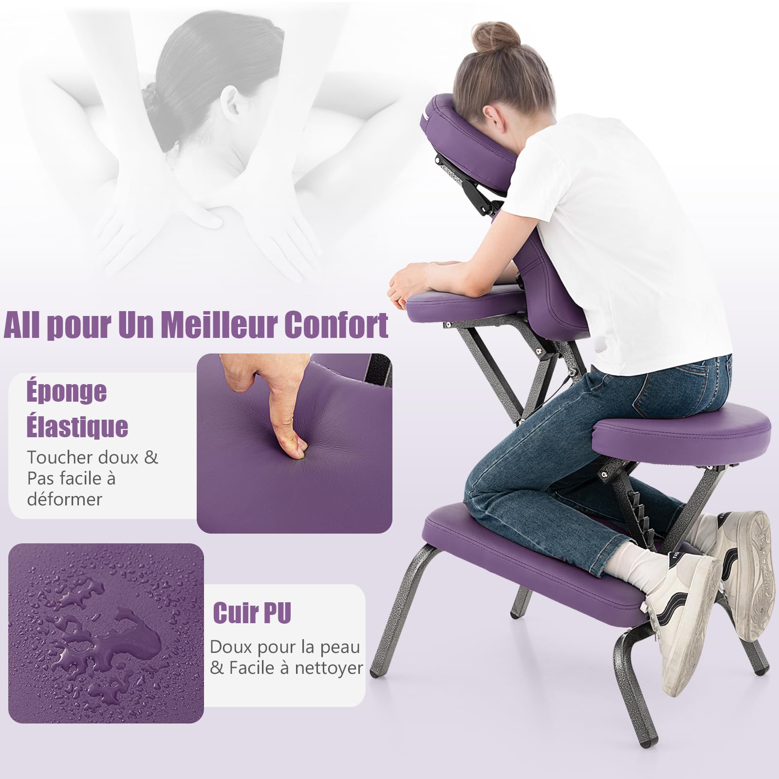 RELAX4LIFE Chaise de Massage Pliante Hauteur Réglable 110-120 CM, Chaise de Thérapie Portable Ergonomique avec Siège Rembourré, Sac de Transport, Charge 150 KG pour Tatouage Spa Esthéticienne (Violet)