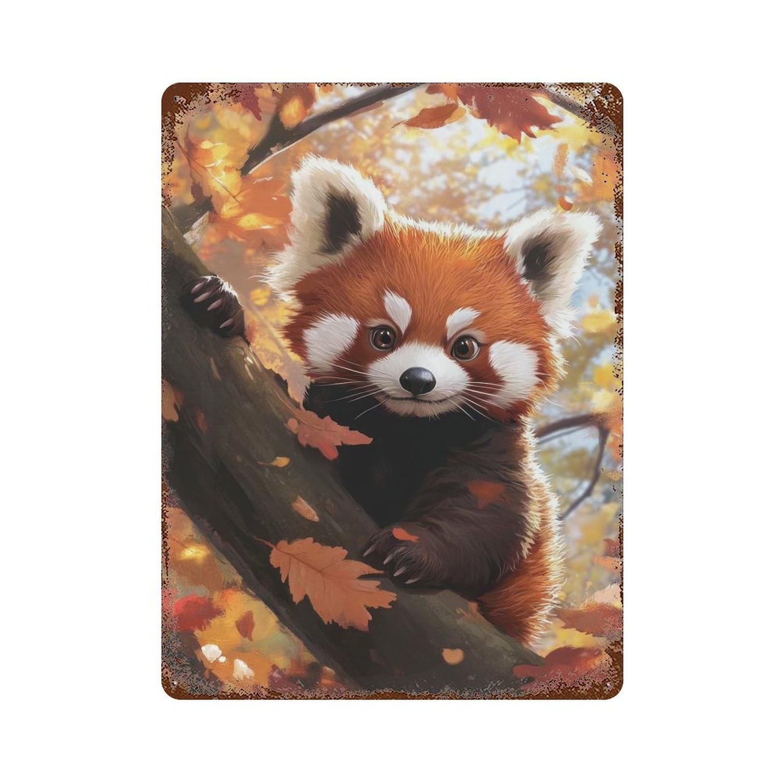 Red Panda in Autumn Rustic Tin Plaque 15.7"x11.8", Farmhouse Wall Decor for Shed, Workshop And Garage Wall Decor