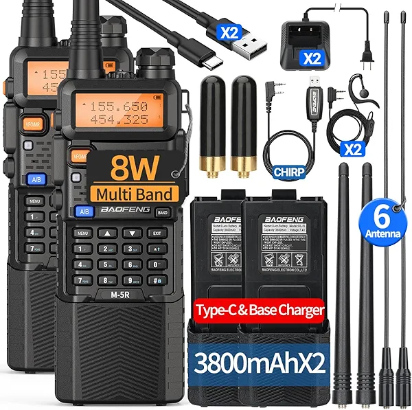 BAOFENG UV-5R Ham Radio Handheld 8W Upgrade Long Range UV5R Walkie Talkies M-5R 5RX Rechargeable 3800mAh Battery Two Way Radio Multi Band with USB-C Charger for Hunting Hiking,2 Pack