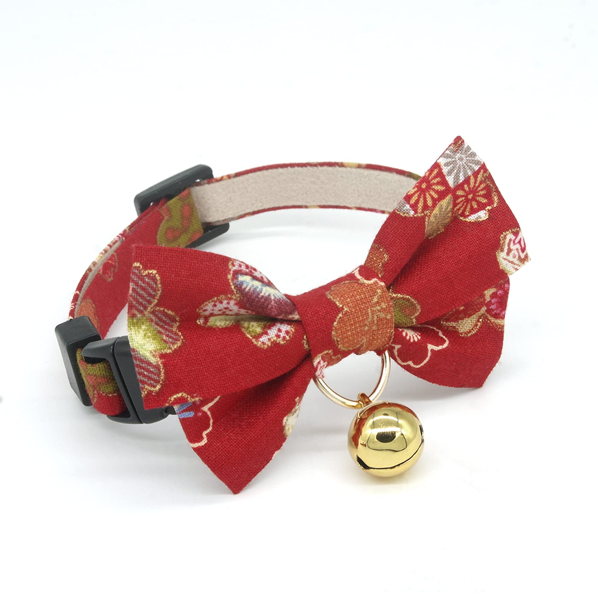 PetSoKoo Double Bowtie Breakaway Cat Collar with Bell. Japan Colorful Sakura Kimono Style. 105% Cotton. Soft, Cute for Girl Male Adult Cats Collar,Red