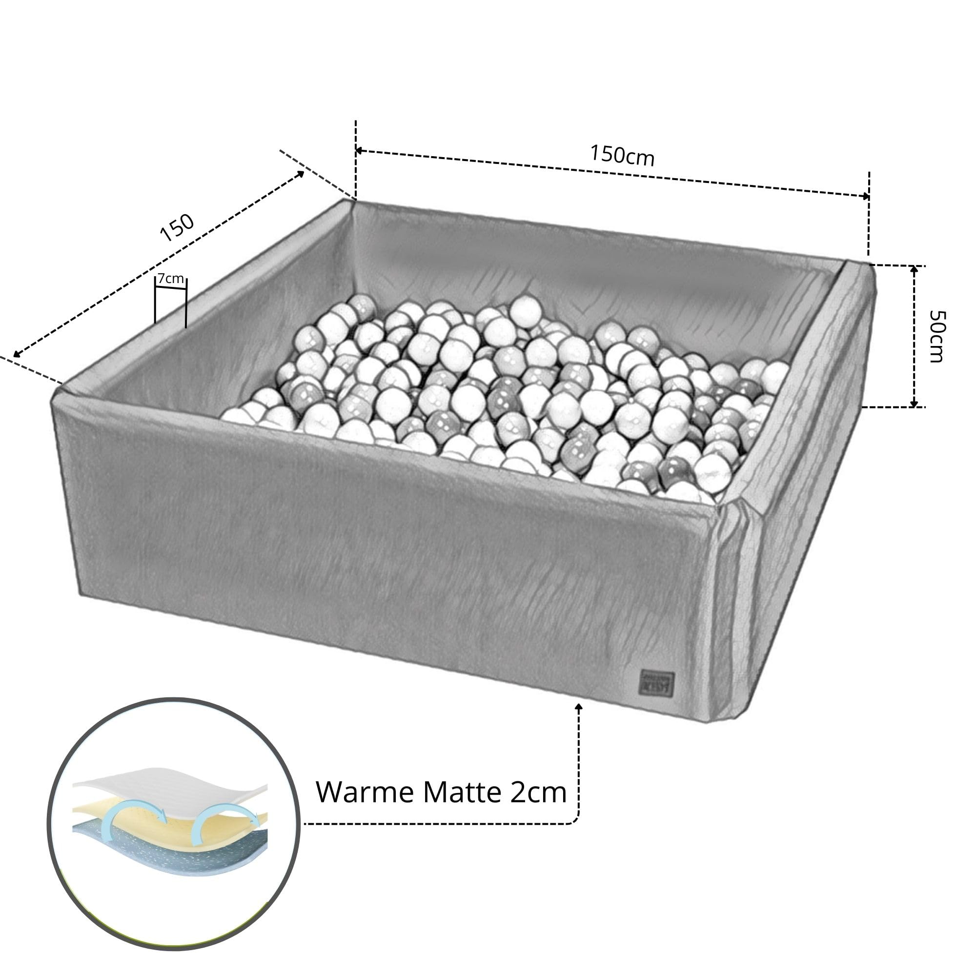 GoldenGroup Bagno di palle per neonati e bambini quadrato in schiuma, 150 x 150 cm, senza palline