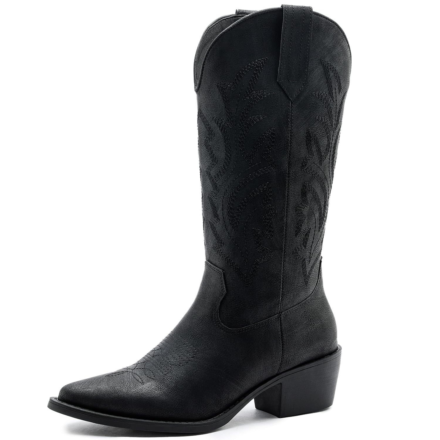 GLOBALWIN Womens Mid Calf Western Cowboy Boots Cowgirl Boots for Women with Floral Embroidery Side Zipper Chunky Heel