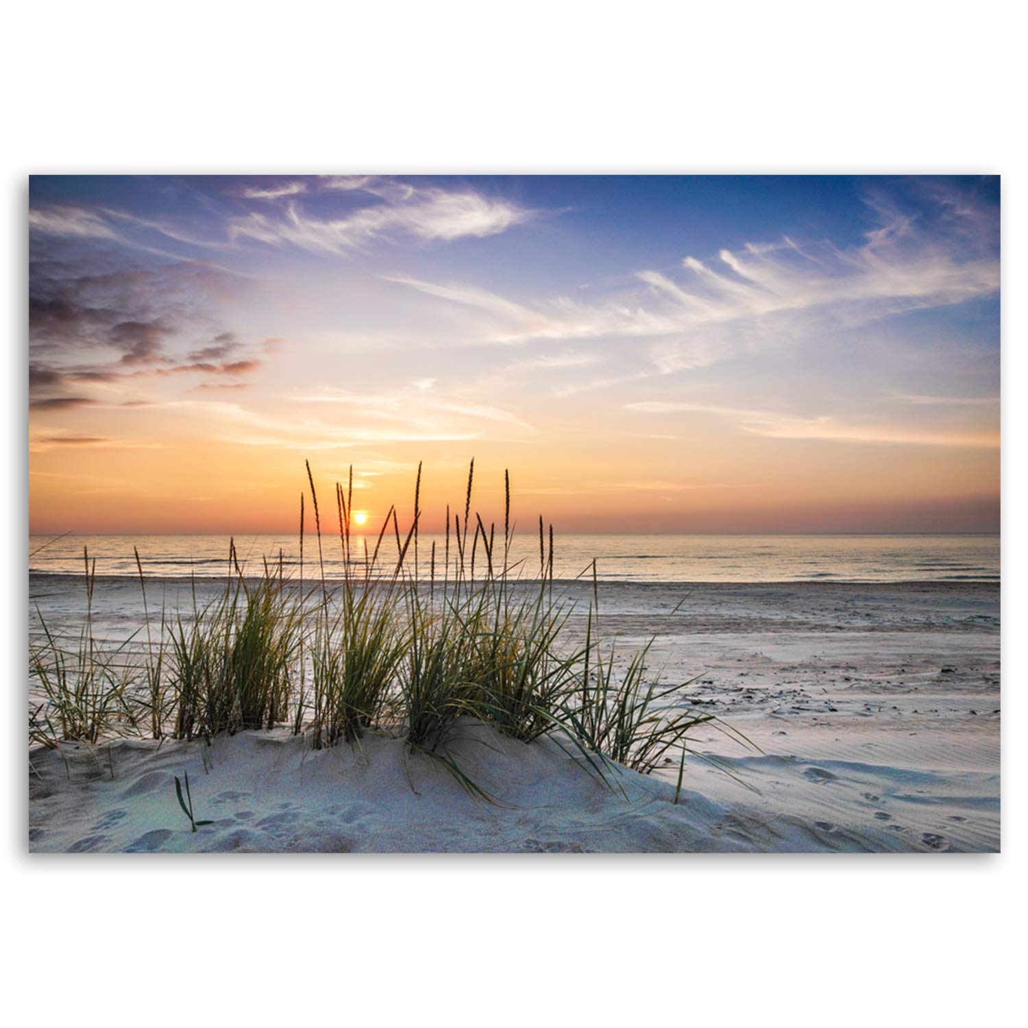 Feeby Bilder Meer Grass Strand Sonnenuntergang XXL 120x80 cm 1Teilig Wohnzimmer Schlafzimmer Wandbilder Leinwandbilder Bild auf Leinwand Kunstdruck Wanddeko Nordsee Landschaft Wasser Orange