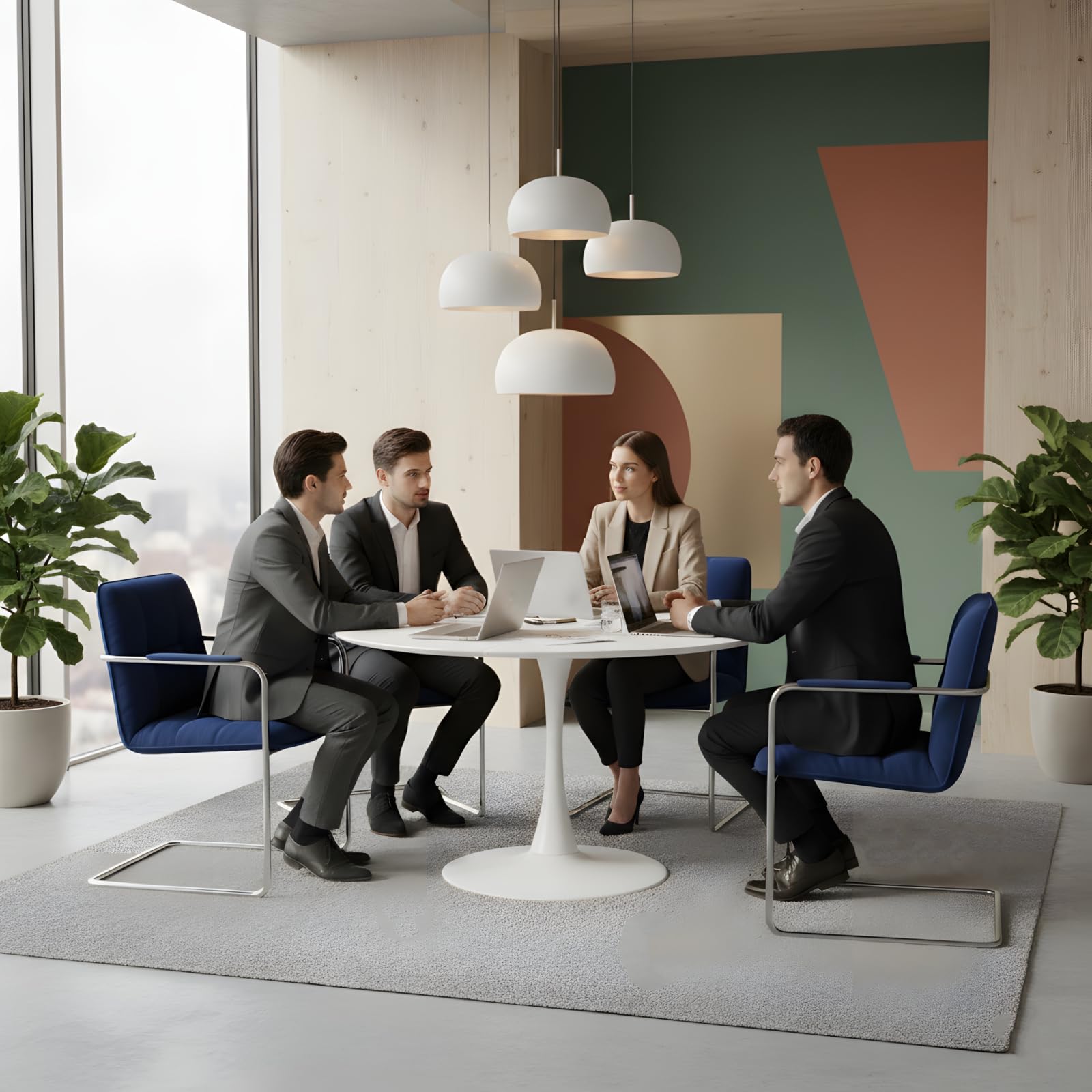Table à Manger Ronde Blanche 110 cm, Table de Cuisine Ronde pour 4 à 6 Personnes, Style Scandinave, Pied Central Métal Stable, pour Cuisine, Salle à Manger, Salon, Bureau, Blanc