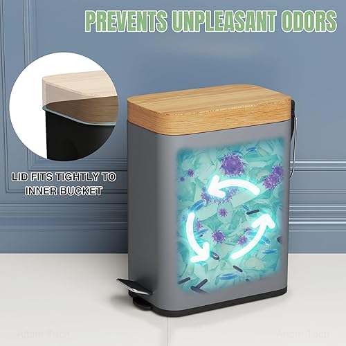 Miniatura 3 de NiHome Cubo de basura pequeño para baño con tapa de bambú de cierre suave y pedal escalonado, cubo de basura compacto rectangular de acero