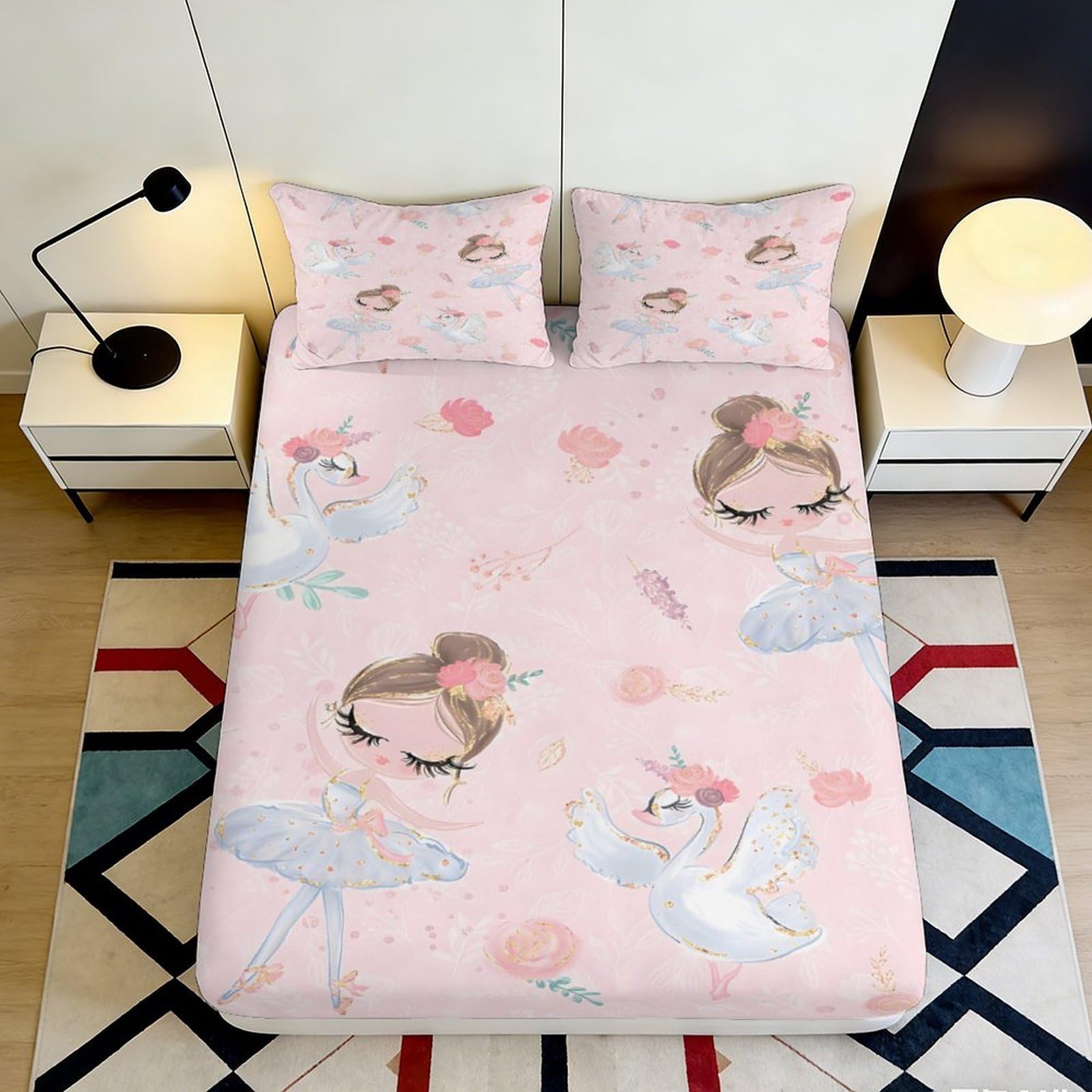 Pnayamiorkfel Style-7 3D Printed Ballet Swan Fitted Sheet Microfiber Soft Pink Bed Cover For Bedroom Guest Room Mattress Decor 90X200x25cm