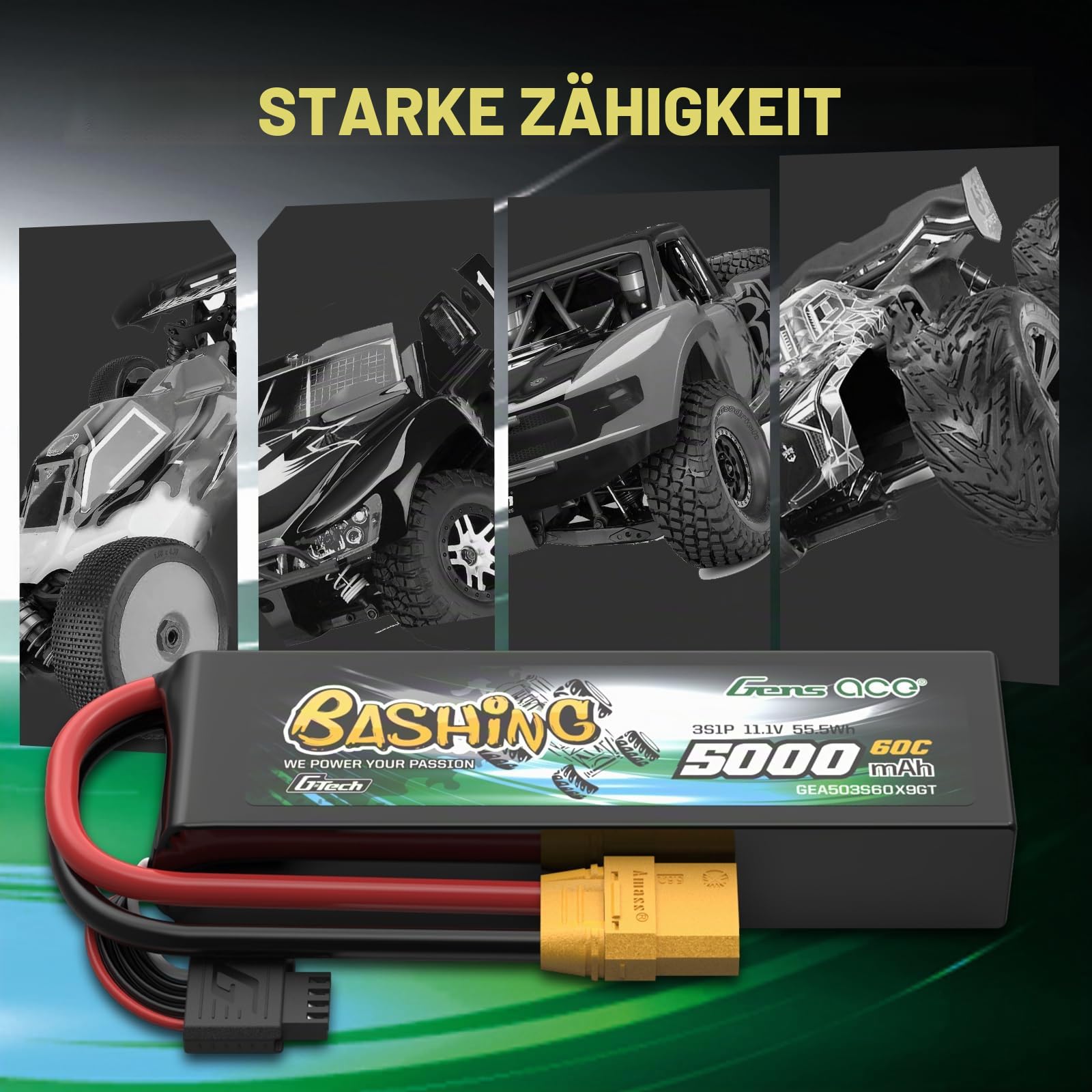 Gens Ace 3S 11,1V 5000mAh 60C LiPo Akku G-Tech mit XT90 Stecker, Bashing Serie für 1:8 & 1:10 RC Autos, Trucks und Offroad-Modelle
