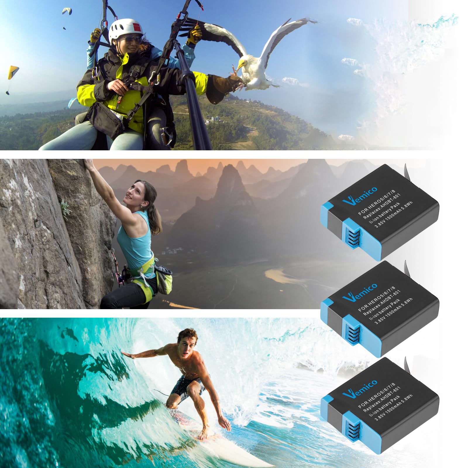Vemico Hero 8 Akku Ladegerät Kit 3 Pack 1500 mAh ErsatzAkku 3 Kanal Ladebox Typ-C USB Mit Einem Schutzdeckel Ladegerät für Hero 8/Hero 7/Hero 6/Hero 5/AHDBT-801 (Vollkompatibel mit Orginal)