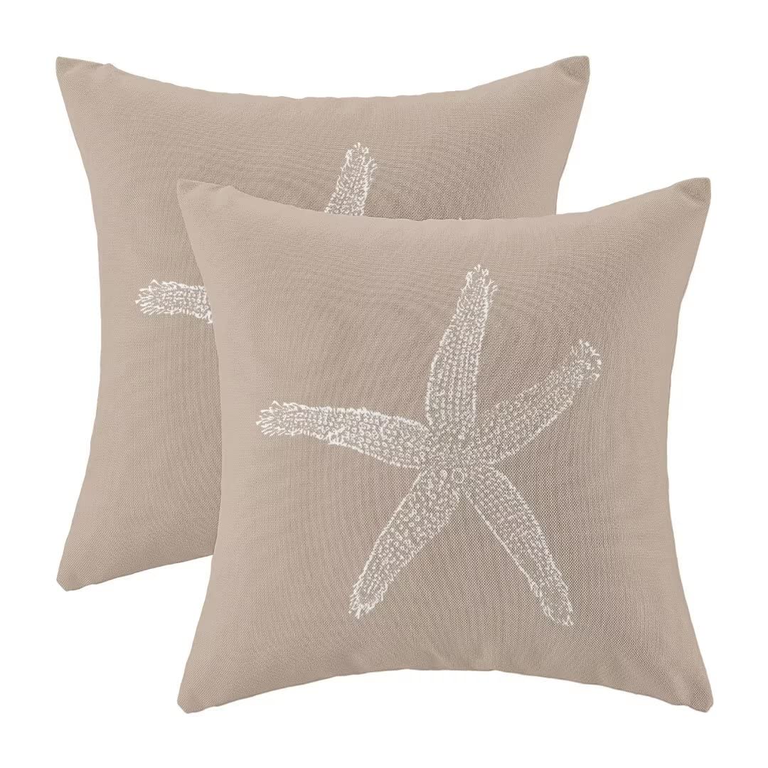 AEIOAE Coastal Pillow Covers 18 X 18 Inch Set of 2, Brown Tan Starfish Throw Pillow Covers Beach Pillowcase Linen Nautical Decor for Indoor Outdoor Home Sofa Bedroom Living Room