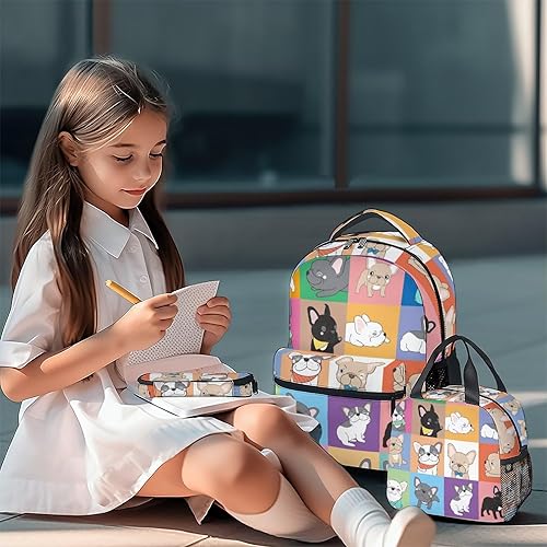 Miniatura 2 de Mochila de bulldog francés con lonchera y estuche para lápices para niñas y niños, mochila escolar de 16 pulgadas con correas ajustables, bolsa