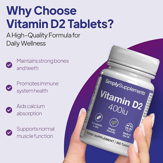 Vitamin D2 Tablets 400iu | 360 Tablets  6 Months' Supply | Supports Healthy Bones, Teeth, Muscles & Immune System | Vegetarian & Vegan Ergocalciferol | Manufactured in The UK