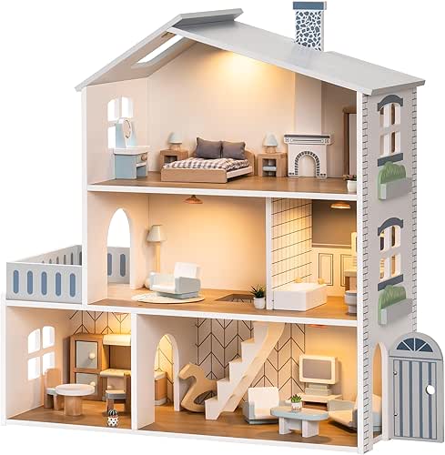 ROBUD Doll House, Wooden Dollhouse with 6 Rooms, 29-pcs Realistic