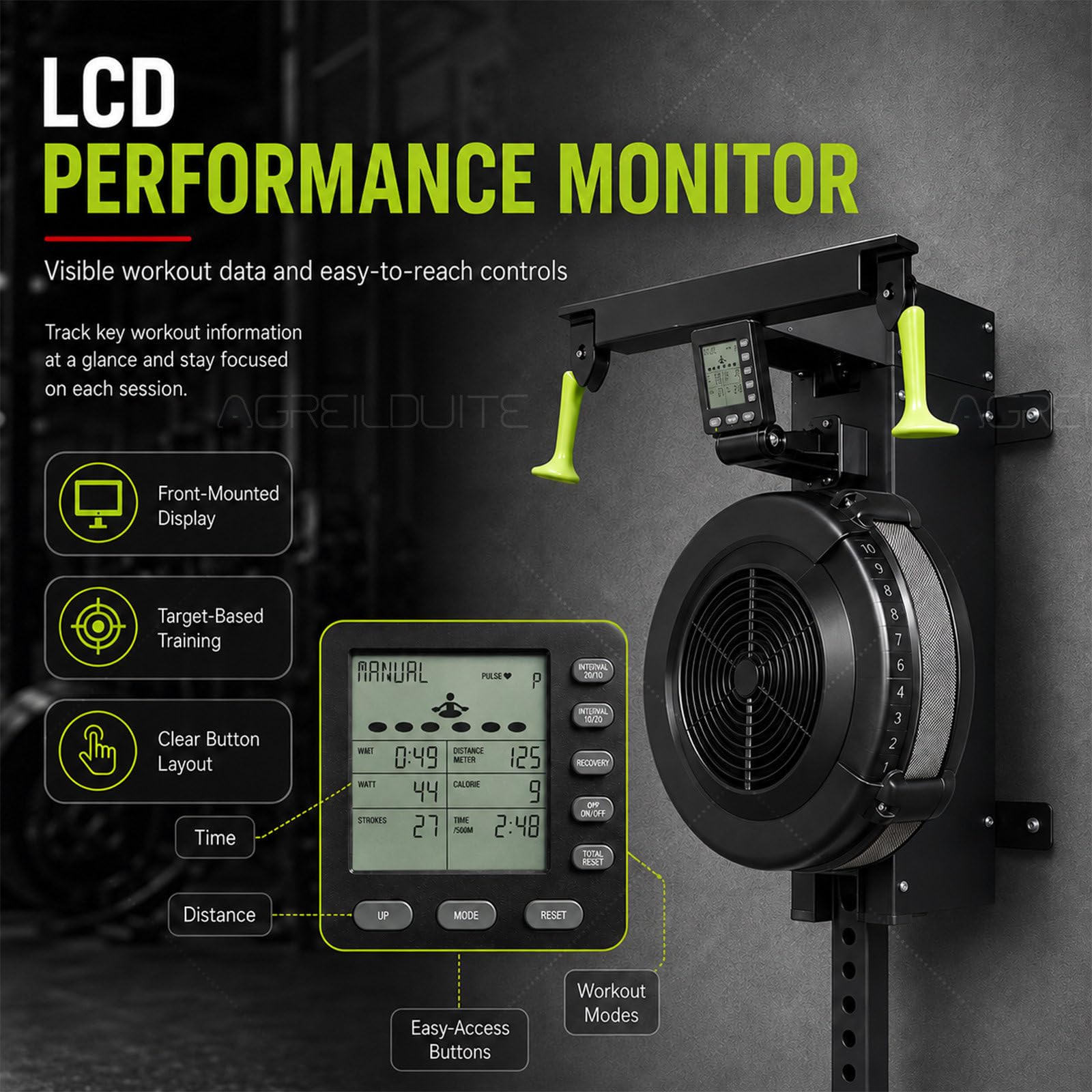 Ski Trainingsgerät mit 10-Stufen Luftwiderstand und LCD-Display WallMount