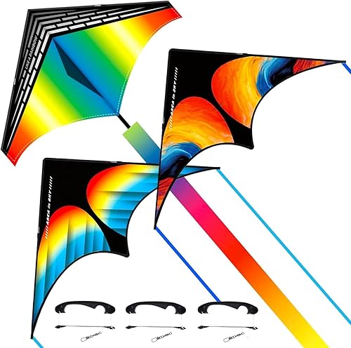 Flying Hoofer Cometa grande de playa Rainbow Delta para niños y adultos, extremadamente fácil de volar para niños y niñas, incluye mango de cuerda