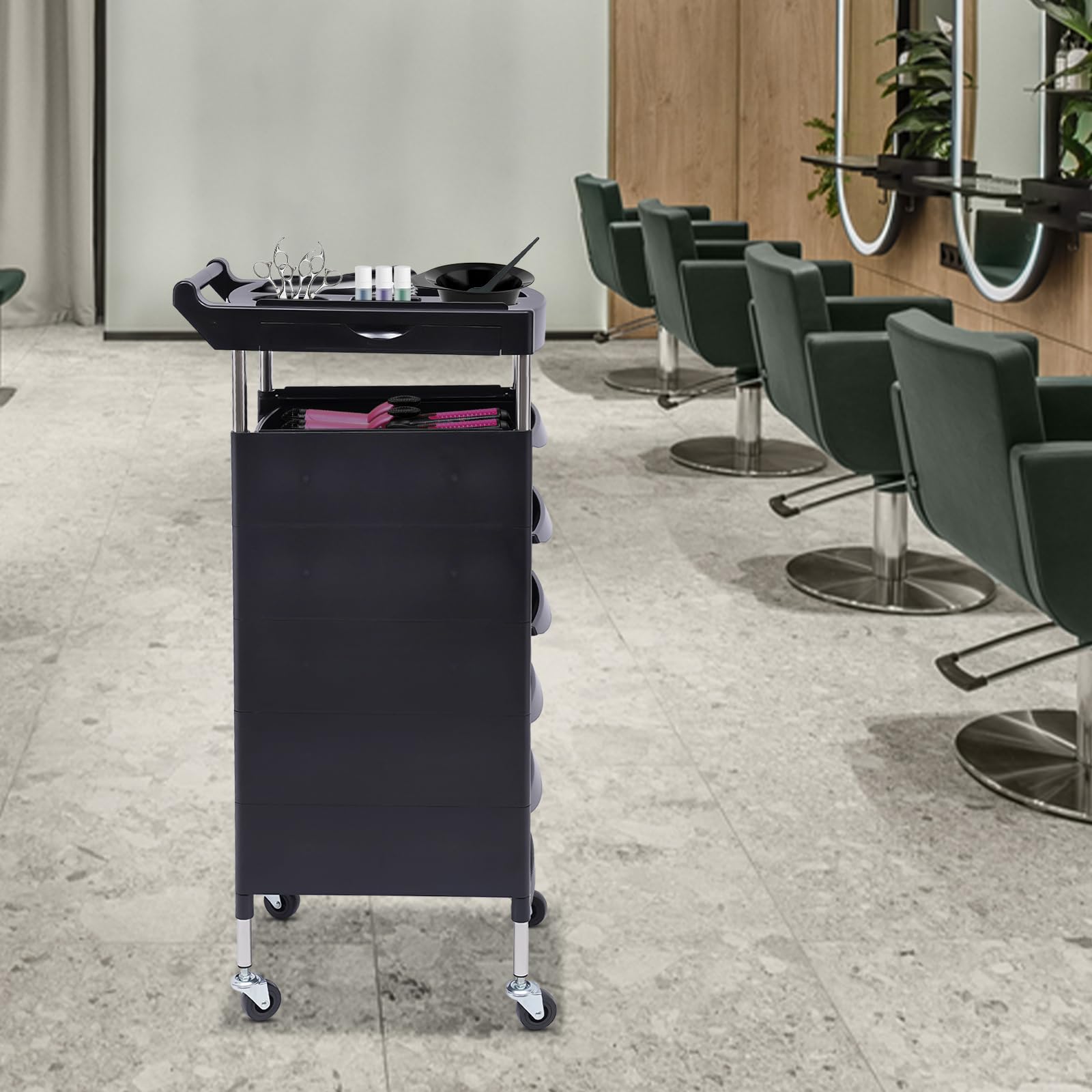 Carrito de salón Susoso, carro portátil con compartimento y rueda universal para tatuajes, carro de peluquería para el hogar con 5 cajones, negro