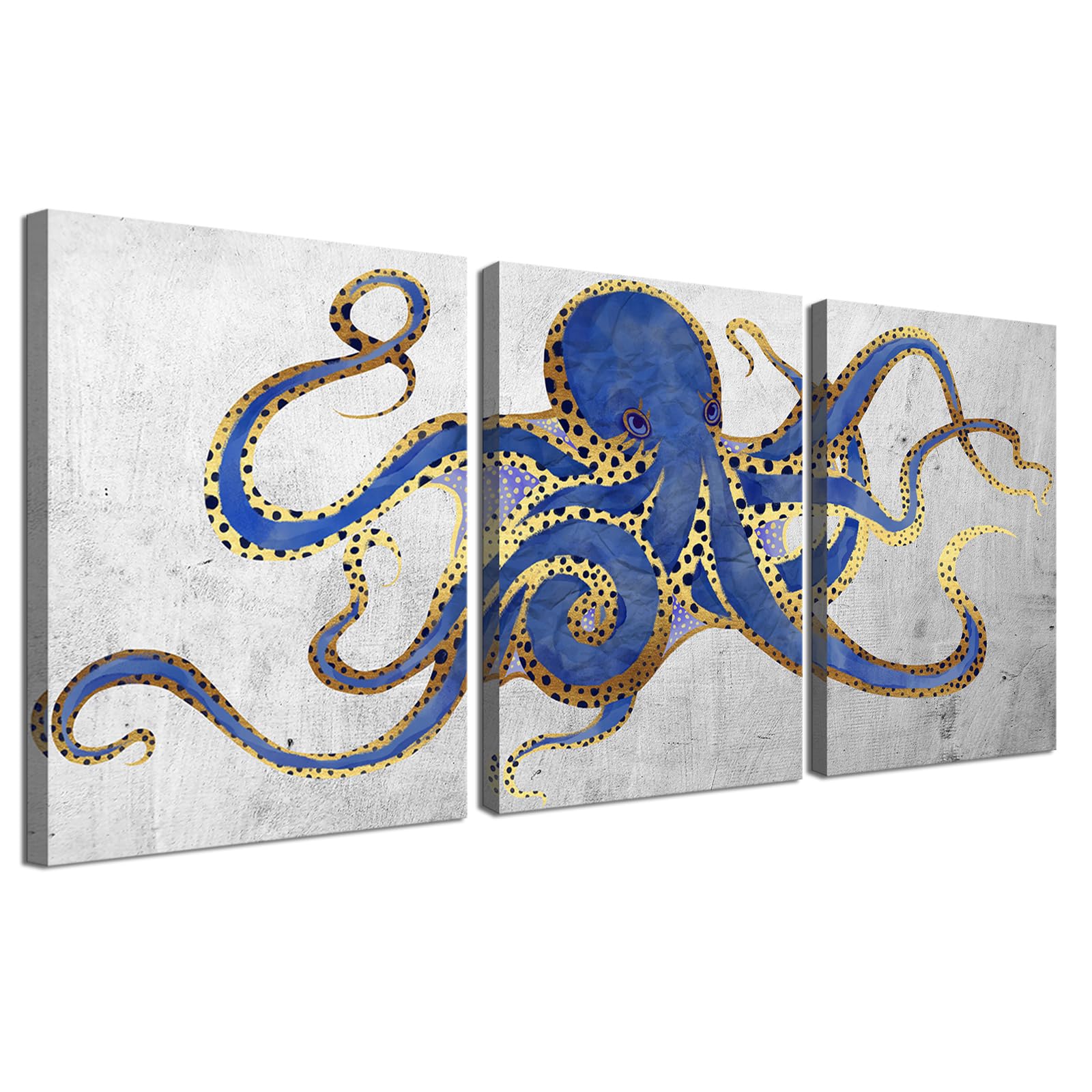 Carestar 3 Piece Octopus Wall Art Painting Navy Blue Marine Animal Picture Print On Canvas Ocean Life Poster for Bathroom Bedroom Home Decor Decoration Gift Easy To Hang 12"x16"x3PCS