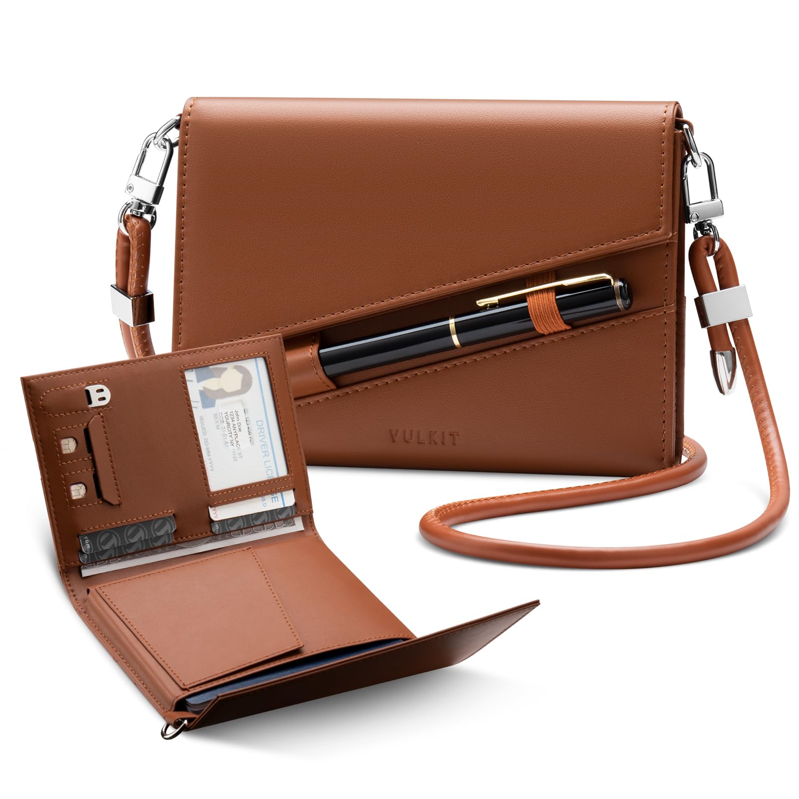 VULKIT Passport Wallet for Travel Women with Detachable Lanyard, RFID Blocking Leather Slim Passport Holder for Travel Essentials Brown