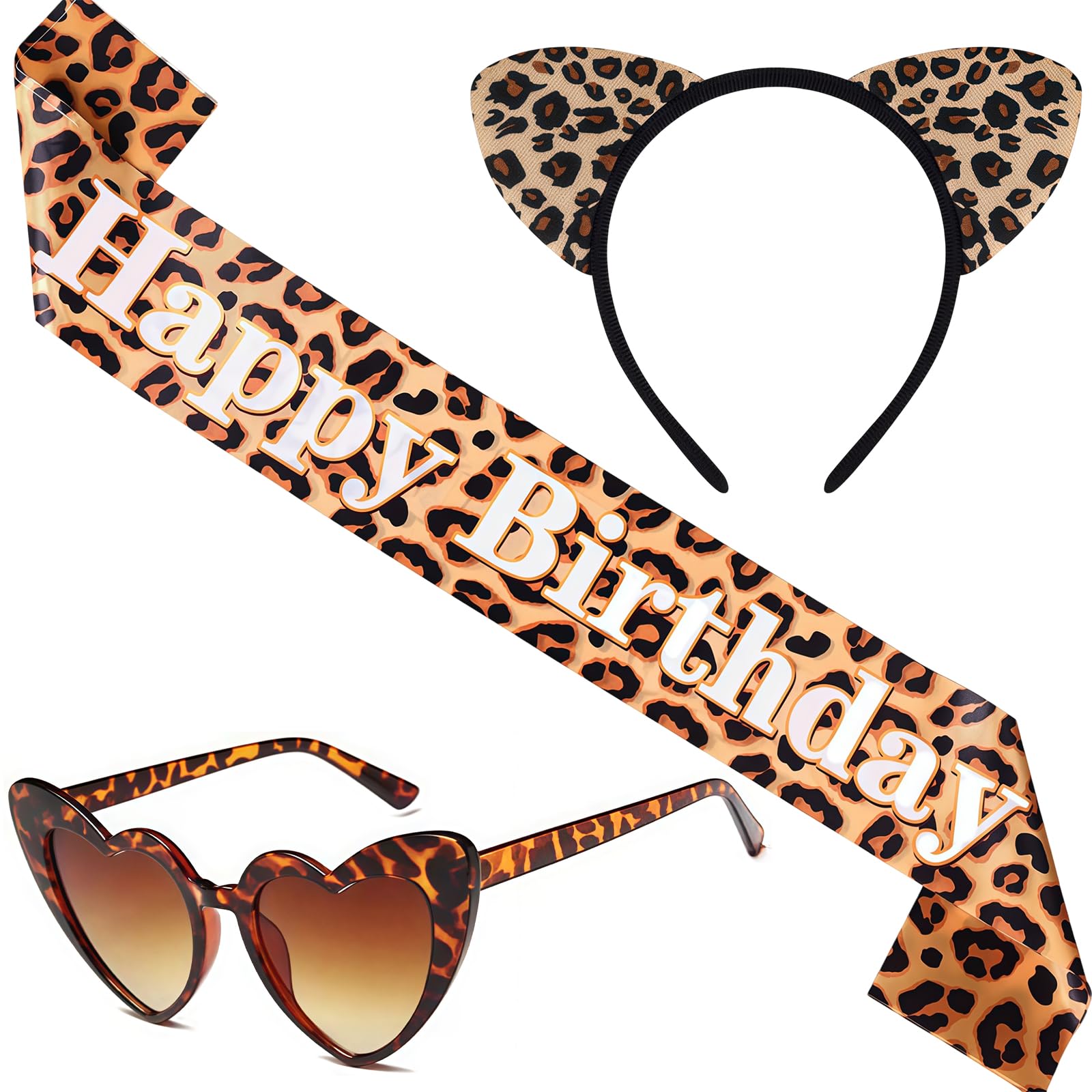 Cosblisvia 3 Pcs Birthday Sash, Sash, Leopard Print Ears Set with Sunglasses for Women, Girls, Teens for Birthday Party, Costume, Theme Event (One Size Brown)