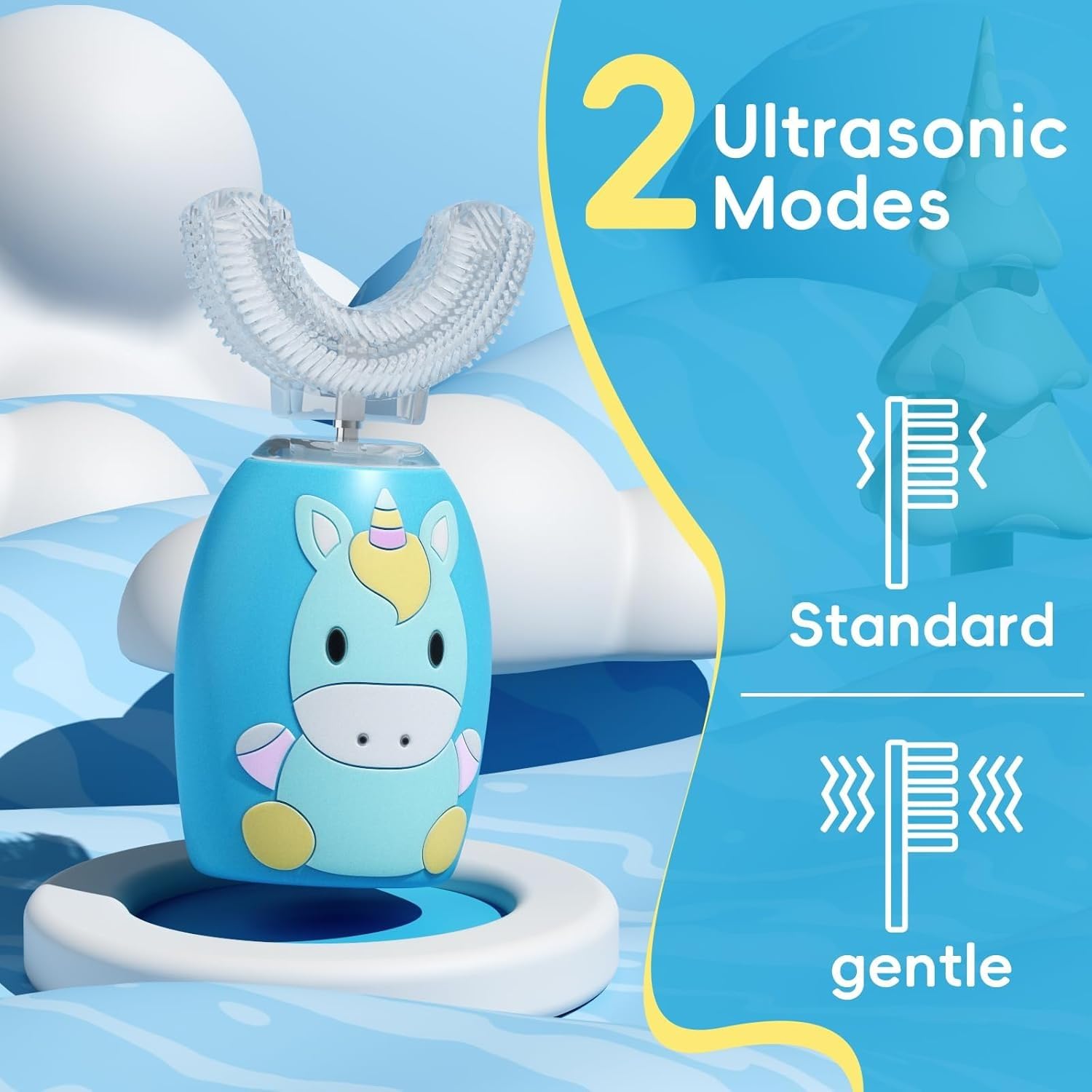 Spazzolino elettrico per bambini con testina a forma di U, pulizia automatica dei denti a 360 gradi con 4 testine morbide, timer, 2 modalità, impermeabilità IPX7, blu