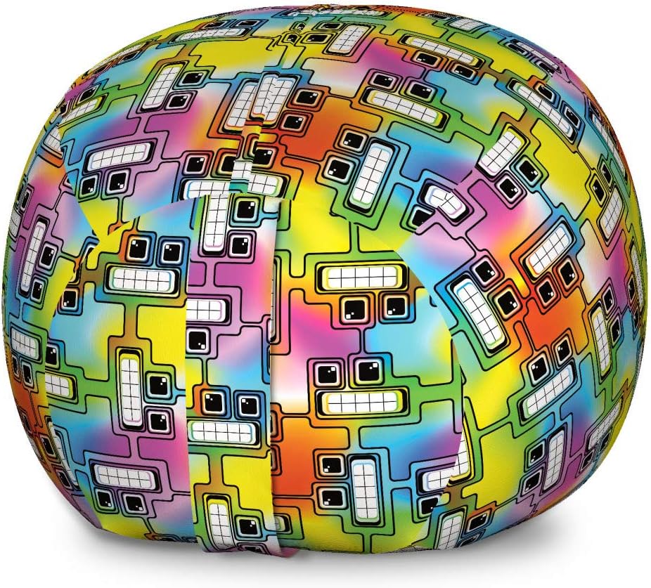 Ambesonne Colorful Storage Toy Bag Chair, Hippie Digital Fun Characters with Eyes and Teeth Video Games Artwork Pattern, Stuffed Animal Organizer Washable Bag, Small Size, Multicolor