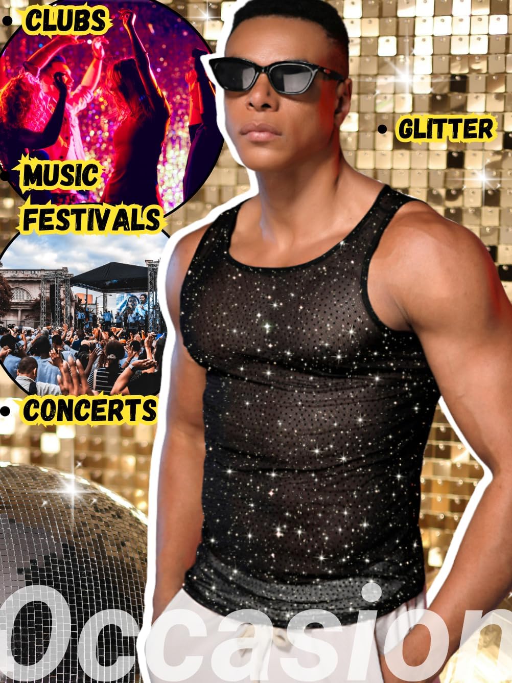 Men's Sparkly Sheer Tank Tops, Rave Festival Rhinestone Outfits, Sexy Mesh Muscle Shirts (Fit Chest 30-40") - Image 7