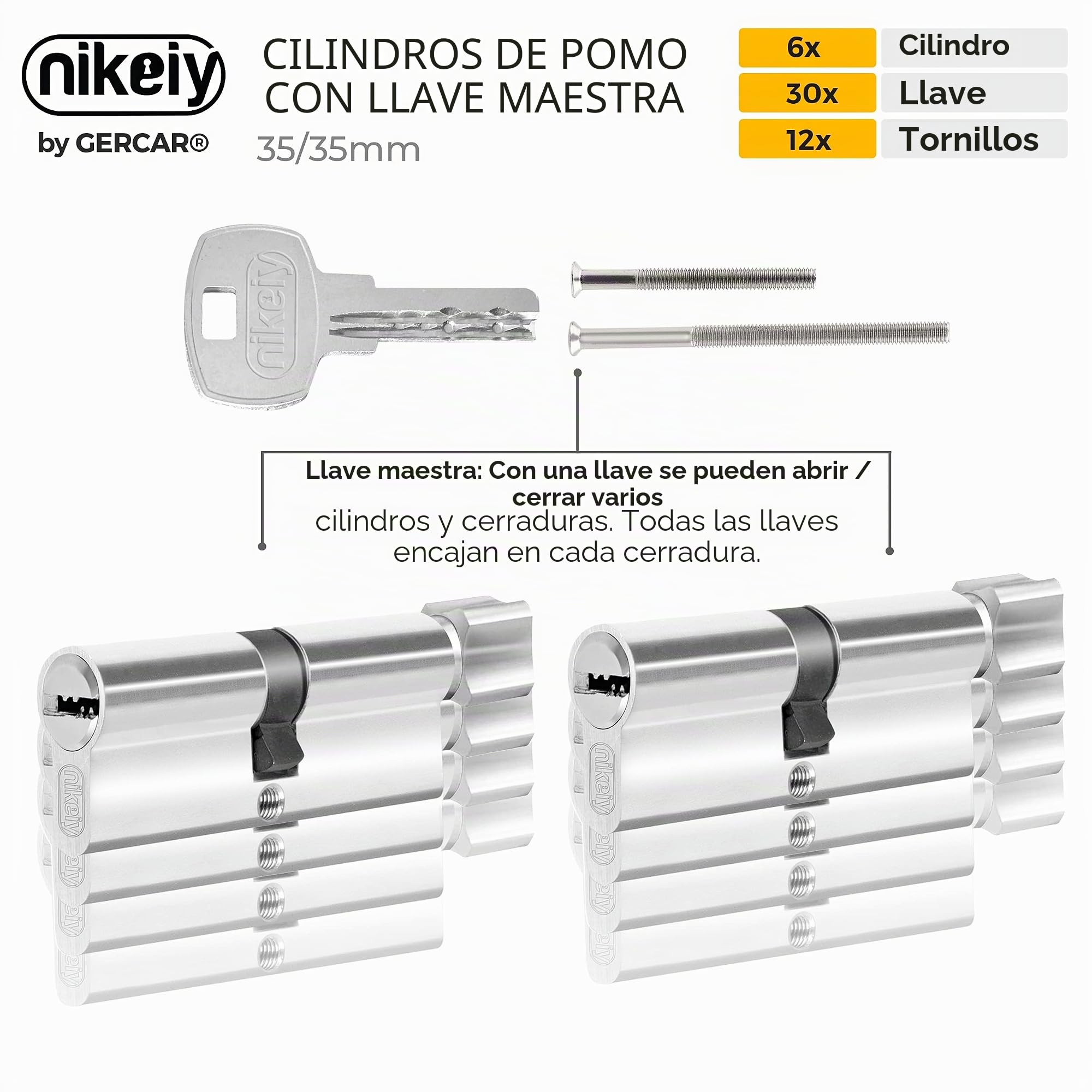 GERCAR 6 cilindros cilíndricos de cierre uniforme 35/35 incl. 30 llaves, cilindro de 70 mm, cerradura de puerta con función de emergencia y peligro, juego de 3 unidades de cierre uniforme – Longitud:
