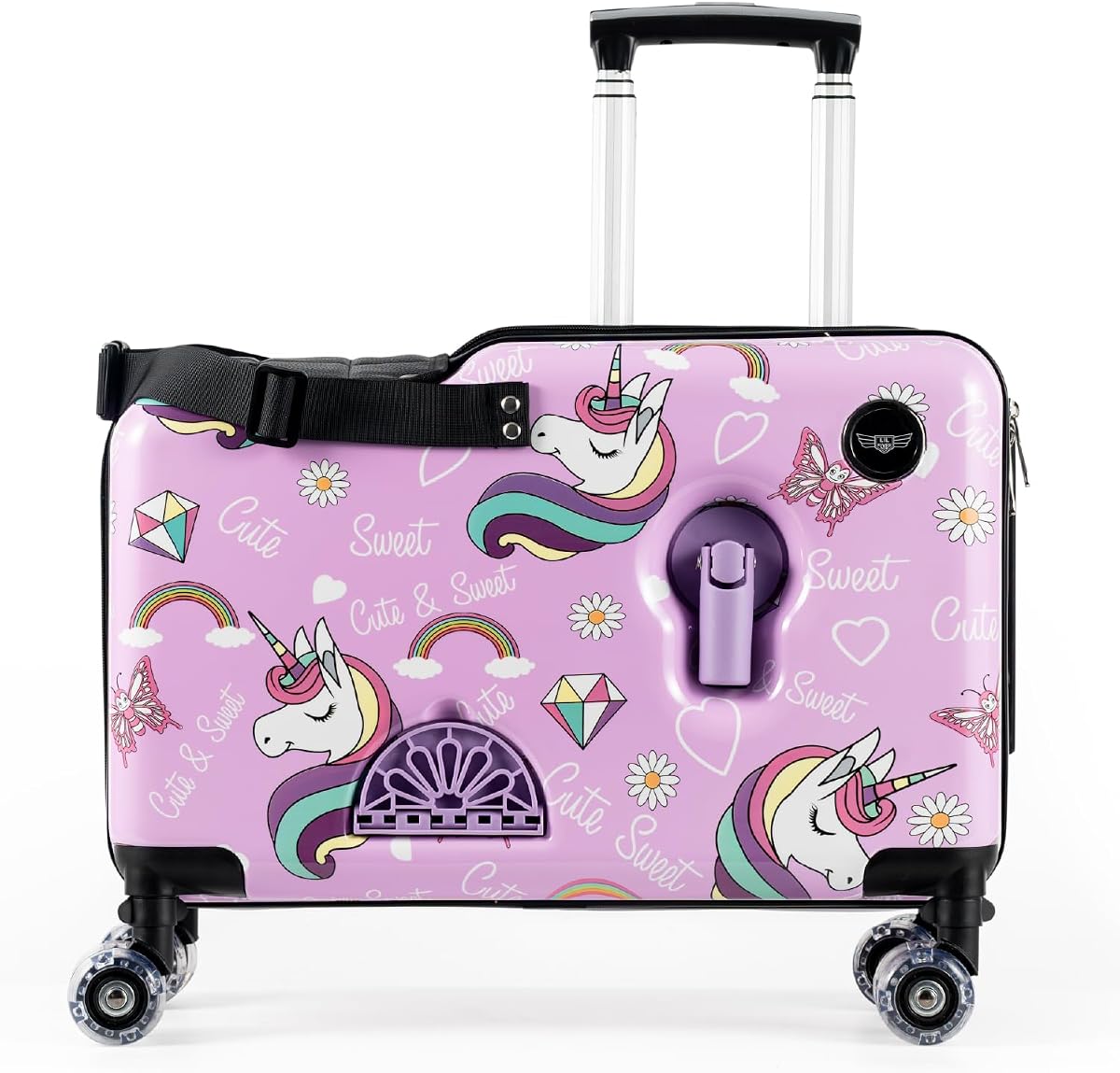 LIL FLYER GO Version 2 Ride On Suitcase for Kids | Carry On Luggage with Toddler Seat, Foldable Handlebars, Pedals, and Removable Wheels | Holds up to 80 lbs | Glam | Ages 2-6