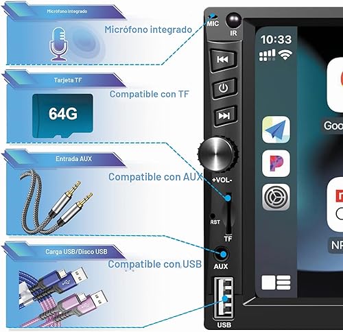 Miniatura 6 de Estéreo inalámbrico de doble DIN para automóvil funciona con Apple Carplay, pantalla táctil HD 1024 x 600 de 7 pulgadas con Bluetooth 5.1, radio de