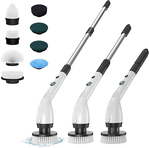 Limpiador eléctrico giratorio, cepillo de limpieza con 8 cabezales de cepillo, pantalla LED impermeable IPX7, mango de extensión ajustable para