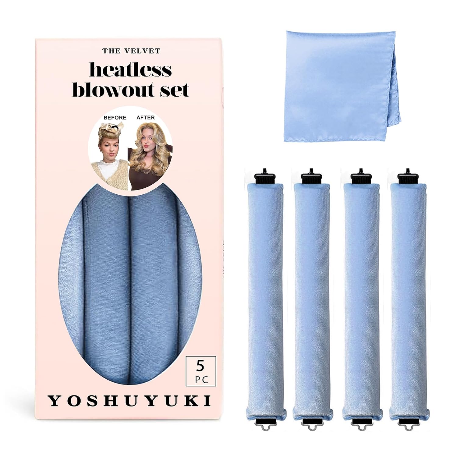 Heatless Hair Curler Overnight Curls Blowout Rods Headband No Heat Curlers to Sleep in Large Rods Hair Rollers Blowout Look for Short Hair Styling Tools Silk Hair Wrap Curling Set Blue 4 Rods Set - Light Blue