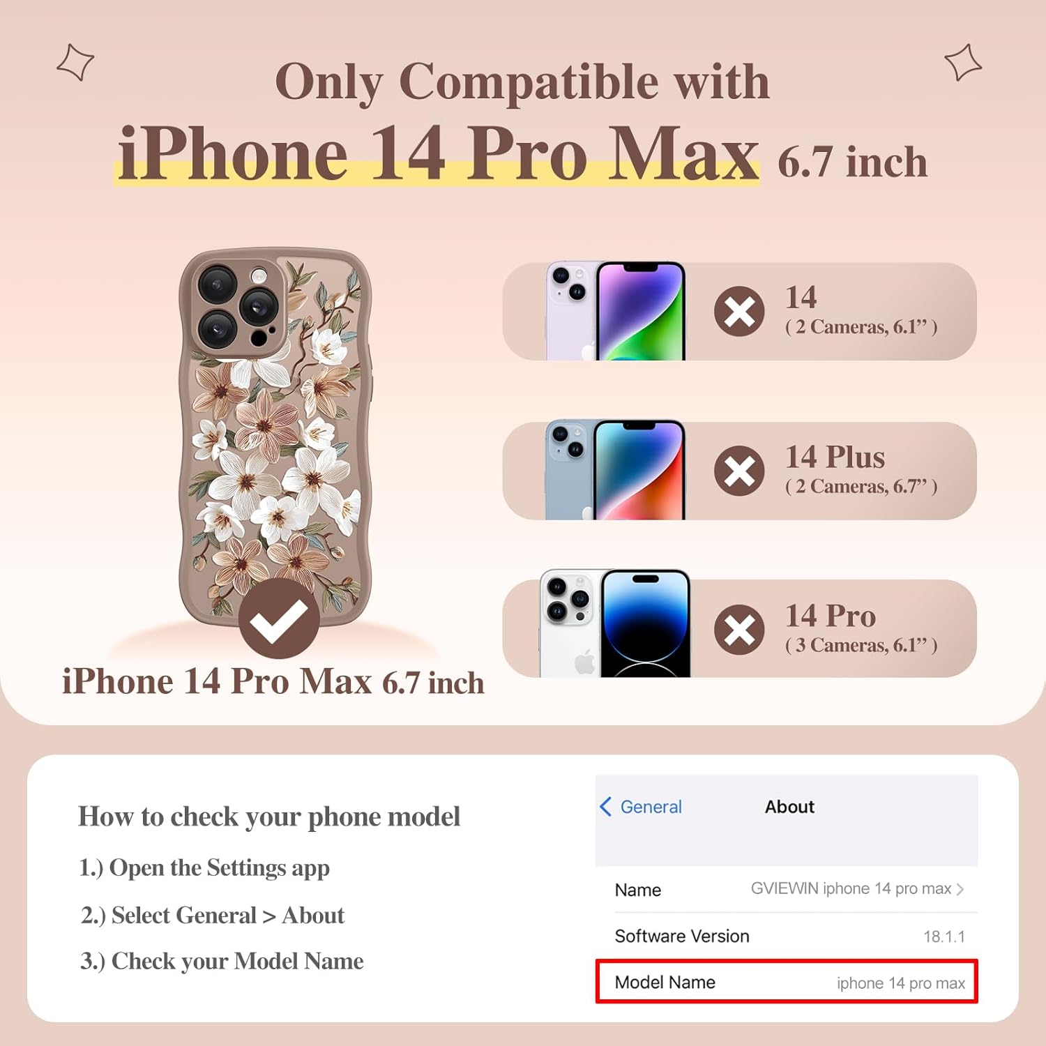 GVIEWIN for iPhone 14 Pro Max Case Compatible with MagSafe [Curly Wave Edge][Full Camera Protection] Floral Translucent Shockproof Magnetic Women Phone Case for 14 Pro Max, Dogwood/Brown - Image 2