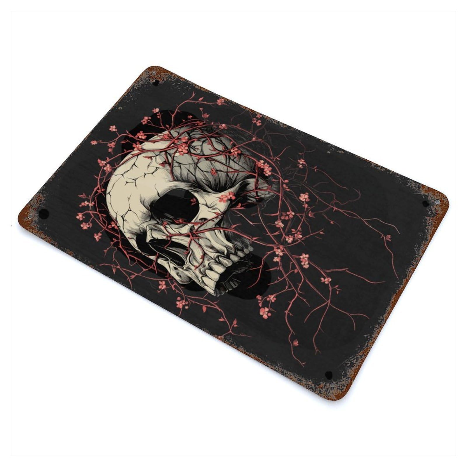 Skull with Cherry Blossoms Decorative Tin Sign 11.8"x7.9", Old School Wall Decor for Garage, Pub Or Kitchen