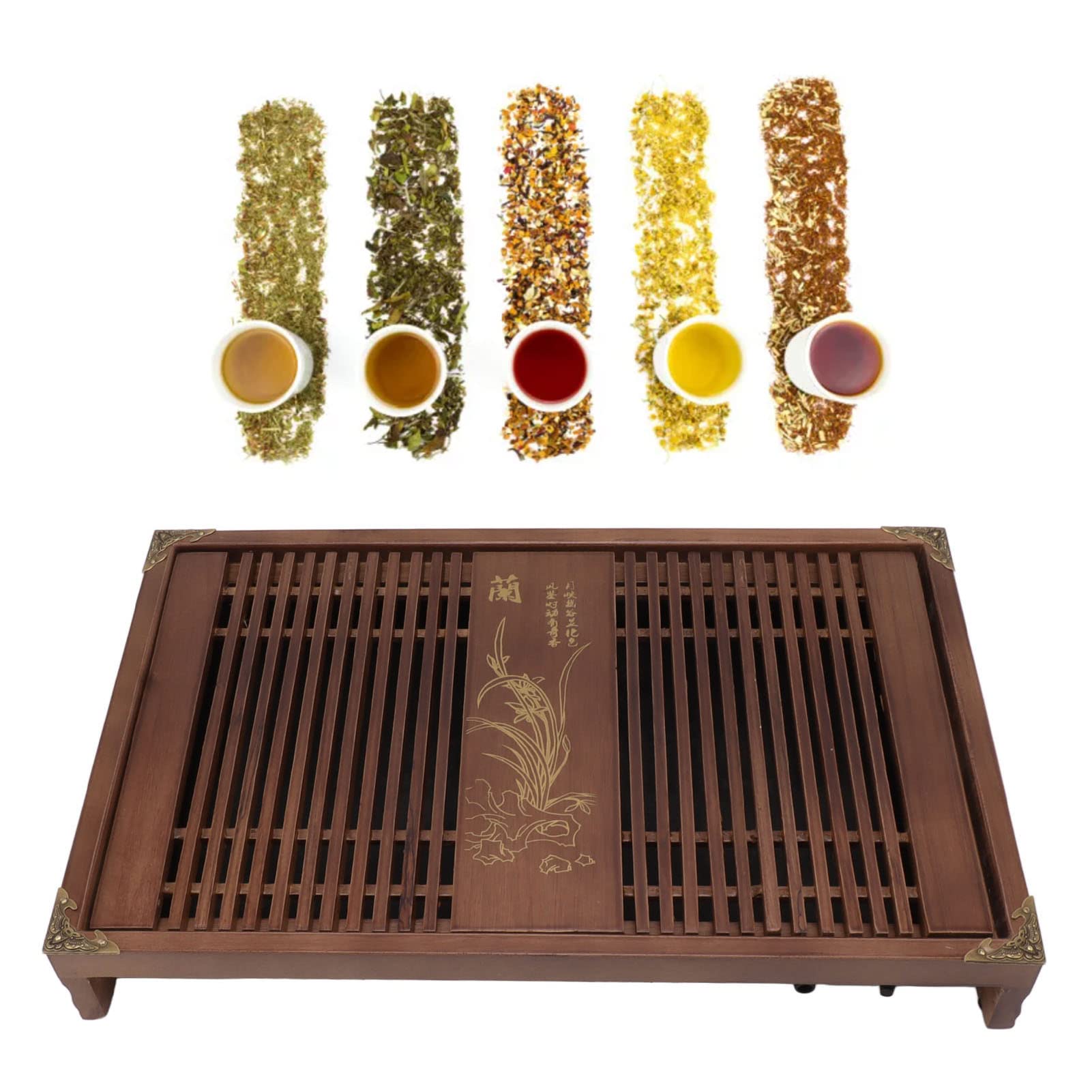 Set Vassoio Da Tè Cinese Gongfu In Legno - Con Cassetto E Drenaggio Acqua, Motivo Orchidea Nera - Foto 3