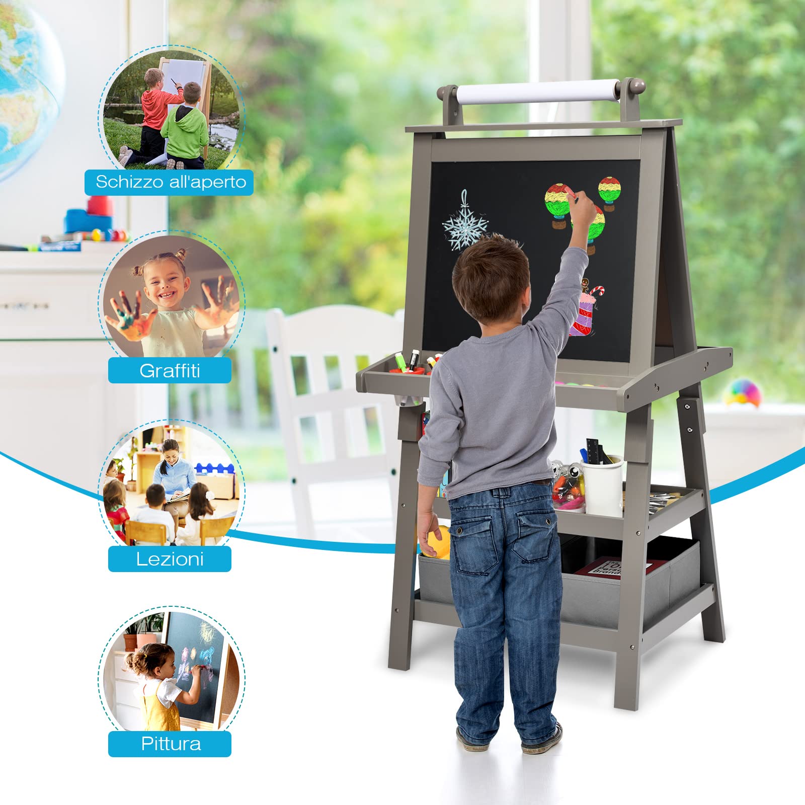 RELAX4LIFE 3 IN 1 Lavagna per Bambini, Cavalletto Pittura a Doppia Faccia, Lavagna Magnetica con Rotolo di Carta, Giocattolo Educativo 3+ Anni (Grigio)