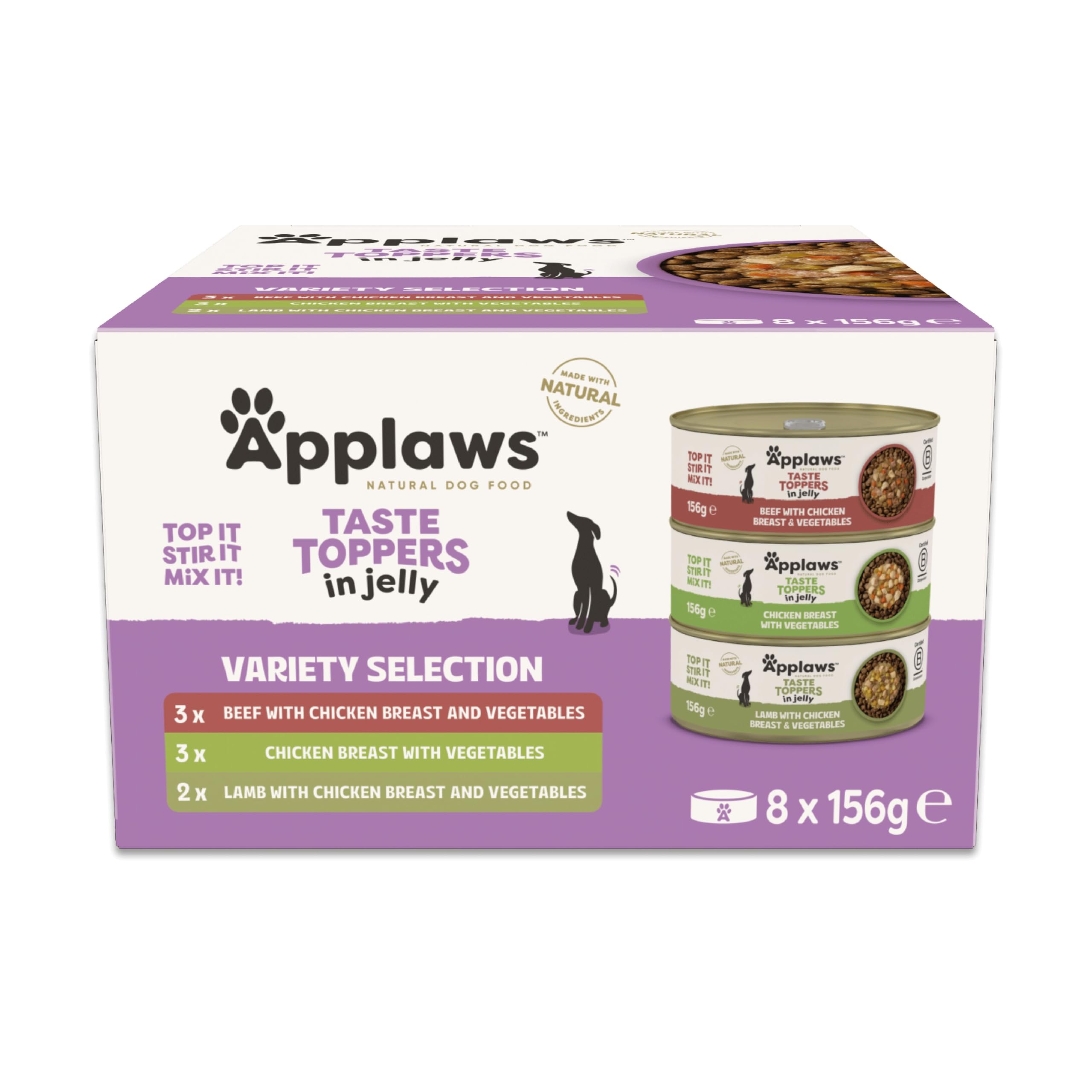 Applaws Natural Wet Dog Food Tin, Grain Free Meat Selection with Vegetables in Jelly 156g (8 x 156g Tins)