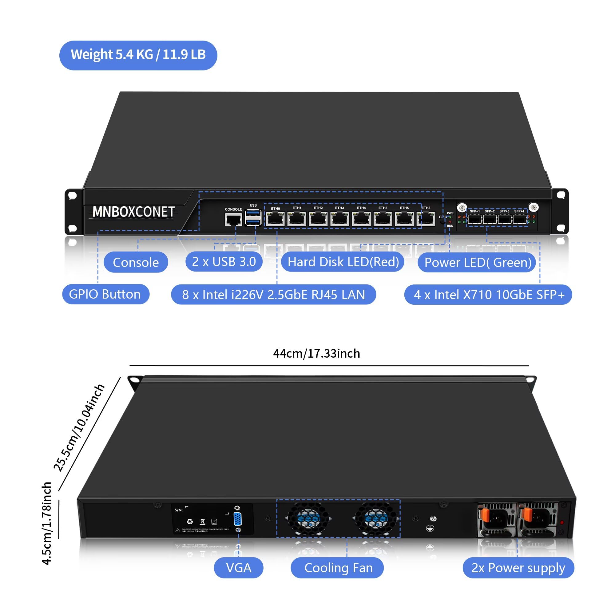 1U Firewall 19 inch Appliance C236 Redundancy Power Supply Core i7 8700, 8 x 2.5 Gigabit Ethernet OPNsense, Network Hardware Server, Barebone NO RAM SSD, USB 3.0, Console