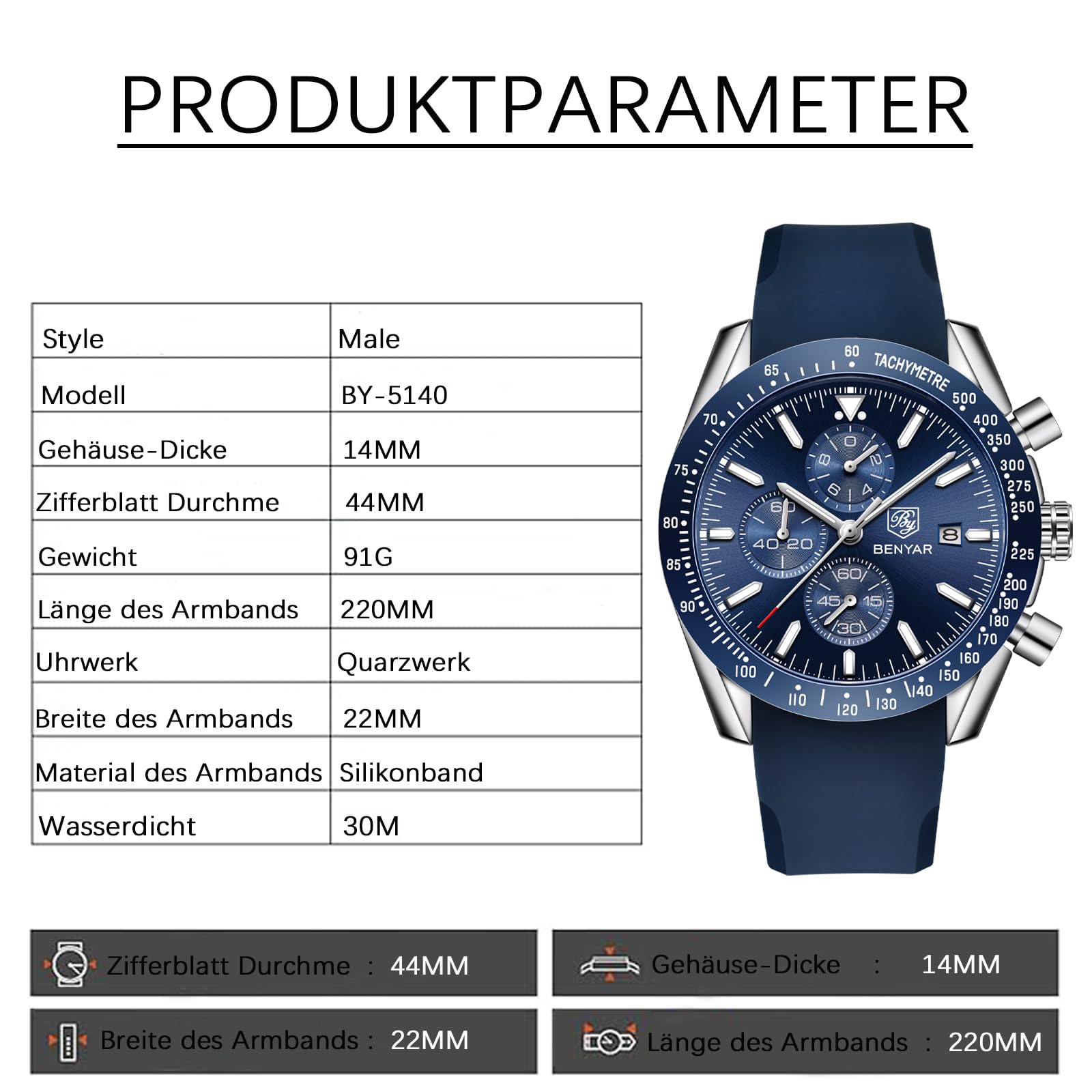 BENYAR Orologio da uomo Cronografo al quarzo 30M impermeabile con datario Luminoso Sporty Cinturino in pelle Regali alla moda per gli uomini