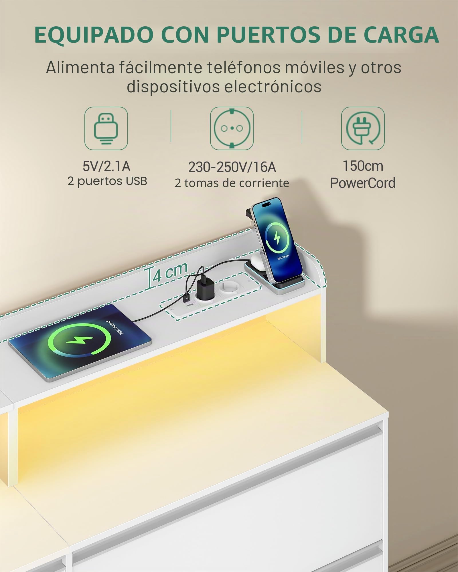 Hzuaner Cómoda Equipada con LED y Regleta de eEnchufes, 6 cajones, Cómoda para Dormitorio, Mueble Almacenaje con Cajones para Dormitorio, Armario, Pasillo, Salón 40 x 140 x 95 cm Blanco 1214003XEU