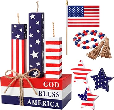 Pinkunn 9 Pcs Patriotic Tiered Tray Decor Set, 4th of July Wooden