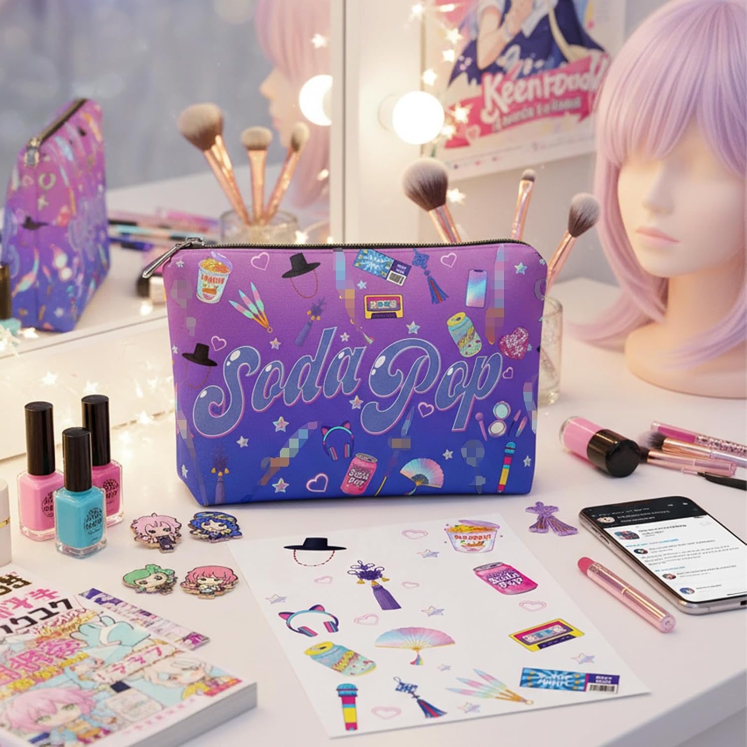 Cosmetic Bag with Matching Temporary Tattoo Sheet – Cute Makeup Pouch for Travel, Gifts & Collectors – Purple Gradient Aesthetic - Image 3