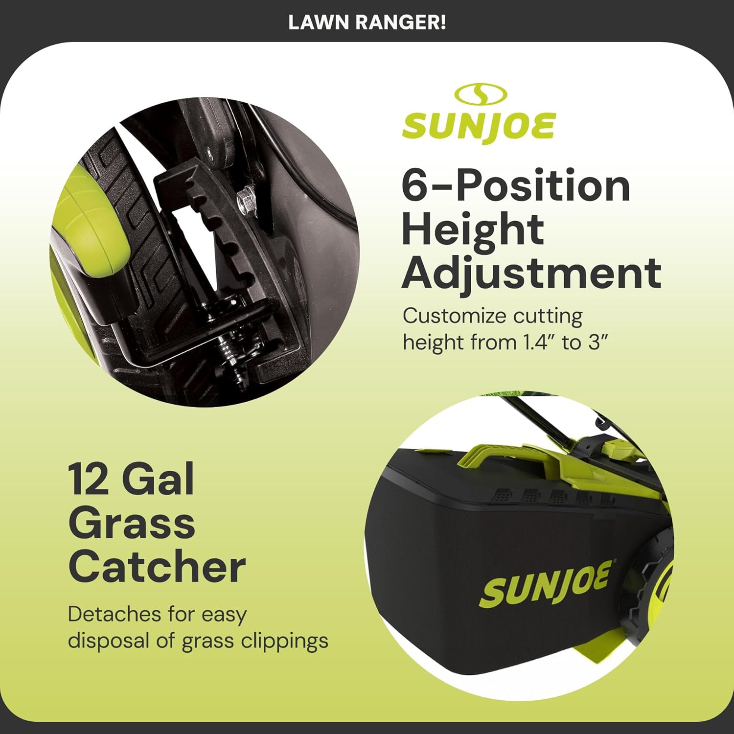 Sun Joe 24V-X2-16LM Lawn Mower height adjustment and grass catcher